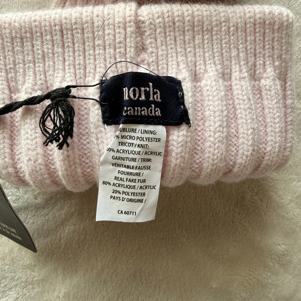 Norla Canada Pink Ribbed Knit Beanie with Real‎ Fur Pom Pom Handmade